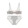 Lencería estilo francés para mujer, satén de algodón fino sexy con ribete de encaje de pestañas, sujetador push-up suave con aros para busto pequeño