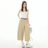 Jeans crop de pierna ancha color caqui para mujer, nuevo estilo verano 2026, pantalones de siete puntos ajustados de tiro alto