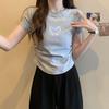 Camiseta de Hombro Dulce y Picante Estampada de Manga Corta para Mujer 2024 Nuevo Verano Corta Ajustada Ajustada Interior Camiseta Top