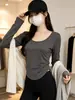 Camiseta de Manga Longa para Mulheres 2026 Nova Slim Fit Casual Base para Meninas, Top Tendência com Barra em U Estilo Ins