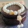 Pulsera Original de Raíz de Bodhi Natural con Colgante de Gato de la Suerte Cocido al Carbón, Cuentas Redondas de Manzana Bodhi de Jade Blanco, Cuentas de Barril, Pulsera de Moda