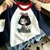 Camiseta de Manga Larga con Estampado de Dibujos Animados para Niñas, Estilo Nuevo Primavera y Otoño, Tallas Mediana y Grande para Niños, Elegante, Versátil, Estilo Coreano, Bloque de Color, Camiseta Base de Algodón Puro