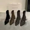 Novas Botas Curtas de Camurça Cinza para Outono e Inverno para Mulheres Bico Fino Salto Alto Elástico Botas Slim Meia-Calça de Salto Grosso Veludo Francês