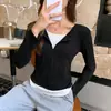 H401 En Stock Otoño Nuevo Estilo Cremallera Oculta Falso Dos Piezas Camiseta de Manga Larga para Mujer Casual Fruncido Camisa Base Superior