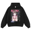 Sudadera con capucha estampada de personaje de anime japonés, efecto desgastado y lavado, disponible en stock para hombres y mujeres, estilo callejero con hombros caídos, top holgado, comercio exterior