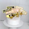 Cor bronze prata tridimensional cartão de bolo feliz aniversário bola dourada estrela de cinco pontas amor bandeira de panificação decoração plug-in