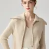 Nuevo cárdigan de cachemir suave y amigable con la piel para mujer, con solapa grande, diseño de canalé vertical, cremallera bidireccional, top moderno y versátil
