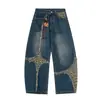 Marca Tendência Jiayiku Outono 2025 Novo Jeans Americano Street com Estampa de Leopardo Jeans Cruzado Calças Wide Leg