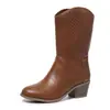Frete Grátis Primavera Novo Estilo Europeu e Americano Sapatos Femininos Bico Redondo Meio da Panturrilha Salto Médio Botas da Moda Resistentes ao Desgaste Confortáveis Antiderrapantes Aumentam a Altura Botas de Couro