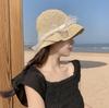 Sombrero de Paja para Mujer con Lazo de Encaje y Ganchillo Hueco Sombrero de Sol de Verano Sombrero Solar Moda Plegable Sombrero de Cubo