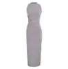 2633-26 Coleção Outono Vestido Longo Papoula Gola Alta Franzido Lateral Sem Costas Sem Mangas Slim Fit Que Marca o Quadril