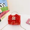 Bolsa de Ano Novo Infantil Estilo Ocidental Desenho Animado Lantejoula Laço Mini Bolsa de Mão Pérola Chanel Bolsa Transversal de Ano Novo
