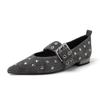 2025 Nuevos Zapatos Mary Jane de Moda para Mujer, Color Puro, Remache Metálico, Punta Puntiaguda, Hebilla, Tacón Bajo, para Primavera y Otoño, Piel de Vaca