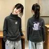 Camiseta de Manga Larga de Polar Doble Cara Alemana para Niñas, Nuevo Estilo Otoño/Invierno, Top Cepillado de Capa Interior para Niñas, Camiseta de Manga Larga Rayada para Niños