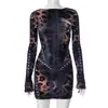 Sanhu Lianjiang F24Ds269 Moda Europea y Americana Posicionamiento Estampado Delgado Manga Larga Ceñido al Cuerpo Falda Corta Venta al por Mayor Transfronteriza