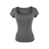 Camiseta lisa de cor sólida, com decote quadrado, ombros retos e mangas curtas, estilo puramente desejável, nova blusa base esportiva versátil de cor sólida para o verão, slim fit