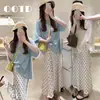 Conjunto de Duas Peças Casual de Verão para Gestante Estilo Coreano Solto e Fashionável Redutor de Medidas T-shirt Lisa Saia de Bolinhas Redutor de Idade