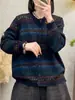 Cardigã de malha com fio de algodão estilo vintage estampado, novo modelo outono 2025, gola redonda, abotoamento simples, casaco feminino slim fit