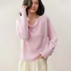 2025 Novo Suéter de Caxemira com Gola Redonda Plissada para Outono e Inverno Feminino Tricô Raglan Solto Efeito Emagrecedor Camiseta Básica de Camada