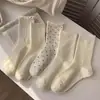 Calcetines florales blancos para mujer, estilo primavera y otoño, calcetines con volantes de encaje, estilo dulce japonés, adecuados para zapatos Mary Jane, calcetines de algodón puro hasta la mitad de la pantorrilla