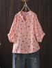 Camisa Pulôver Artística Estilo Japonês com Decote em V, Estampa Floral, Manga Três Quartos para Mulheres, Casual de Verão, Top de Algodão Dupla Camada