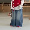 Huzhou Zhili Roupa Infantil 2025 Outono Meninas Estampa de Desenho Animado Coreano Calça Jeans Wide Leg Calça Longa Reta Desfiada Infantil