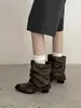 Botas Western Chuyuji Vintage de Cuero Liso con Hebilla y Pliegues para Mujer, Punta Puntiaguda, Tacón Grueso, Botas Versátiles para Piernas Altas