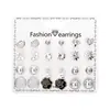 Pendientes de Combinación de Perlas Redondas de Imitación de Flor y Diamante, Varios Meses, Set de Pendientes, Europeos y Americanos de Venta Caliente Transfronteriza, 12 Pares