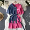Vestido Color Block Manga Curta Feminino Plus Size 2026, Vestido de Malha para Férias Solto e Emagrecimento, Único e Não Produzido em Massa