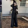 Conjunto de roupa super bonito estilo coreano para mulheres início do outono top cinza escuro de amarrar manga longa + calça pantalona plissada conjunto de duas peças