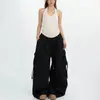 Calça cargo preta casual estilo americano de cintura alta para dança de rua feminina, novo modelo 2026, com bolsos grandes e fitas, calça esportiva casual