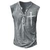 Camiseta de verano para hombre, informal, sin mangas, con estampado digital desgastado, talla grande, estilo europeo y americano, con siete botones y tapeta abierta