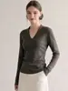 Suéter de Punto de Cuello V de Alto Temperamento Retro Francés, Prenda Base de Manga Larga para Mujer, Ropa Interior de Otoño/Invierno