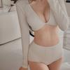 Traje de Baño Bikini Sexy Popular de Vacaciones de 3 Colores Texturizado con Cuello en V de Manga Larga con Abertura de Cintura Alta