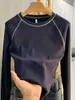 Camiseta única de cuello redondo y manga larga para mujer, estilo retro americano de otoño con costuras de contraste, parte superior raglán, adecuada como capa base
