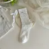 Meias Songmu Estilo Coreano de Couro com Laço para Meninas Meias Teladas Soltas Sem Costura para Mulheres Ins Doces de Comprimento Médio