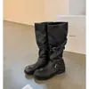 Versión de Piel de Vaca~Botas de Estilo Nuevo para Pantorrilla Ancha con Punta Redonda, Tacón Grueso y Suela Gruesa, Botas de Montar de Cuero Genuino de Longitud Media para Mujer en Invierno