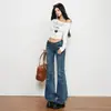 Jeans Boca de Sino Esticável com Design Bordado Azul Escuro Vintage Slim Fit Cintura Baixa Calças Compridas Comprimento Estendido