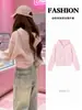 Jaqueta Moletom Cropped Cinza Estilo Americano Feminina 2026 Primavera Outono Petite Nova Cintura Marcada Slim-fit Cardigan Top