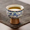 Taza de Té de Cerámica con Pie Alto, Patrón de Vid de Loto, Horno Ru Yu Huang del Fabricante, Taza de Degustación, Juego de Té Kung Fu, Taza de Té