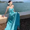 Vestido de tirantes estilo vacacional azul floral, inspiradoramente hermoso como la dopamina, vestido maxi playero suave y dulce, como de hada