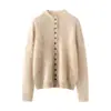 Suéter de cashmere puro escovado para mulheres, gola alta, tricô de botões múltiplos, cardigã versátil que afina, peça básica