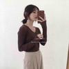 Camiseta de Tricô de Manga Longa com Gola V Decotada Expondo a Clavícula, Slim Fit, Base, Suéter Emagrecedor para Mulheres
