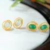 Brincos Huibao de Prata S925 Banhados a Ouro com Esmeralda Africana Oval Geométricos Simples Assimétricos Criativos Estilosos