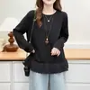 Especial Nueva Colección Otoño Talla Grande Camiseta Casual Versátil de Manga Larga para Mujer con Adorno de Encaje en el Dobladillo 0882