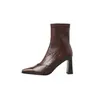Botas elásticas de pele de carneiro + PU para mulheres, botas justas para o outono, novas botas curtas elásticas de salto alto grosso com bico quadrado e zíper lateral para mulheres