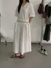 Wensen Online Estilo Coreano Vestido Casual Holgado de Cuello en V para Mujer Verano Bolsillo con Solapa Diseño Pantalón Falda Larga de Manga Corta 69682