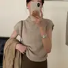 Camiseta de punto de manga corta con cuello semi-alto de terciopelo Andy para mujer, adecuada tanto para usar por dentro como por fuera, top de punto ajustado