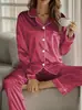Pijama de Satín de Verano Transfronterizo Europeo y Americano, Cárdigan de Color Sólido con Solapa, Mangas Largas, Pantalones Largos, Superficie Lisa, Conjunto de Ropa de Casa para Mujer