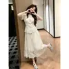 Vestido de Dos Piezas con Falda Larga Bordada de Encaje Rosa Dulce de Verano de Cintura Alta y Manga Corta